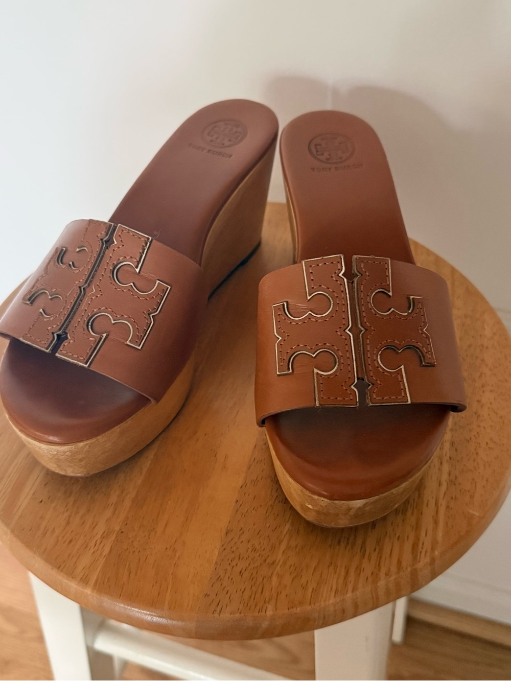 Tory Burch Cognac Leather Platform Wedge Slides
